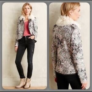 Anthropologie Elevenses Brocade Paisley Fur Collar Moto Wool Purple Coat Jacket
